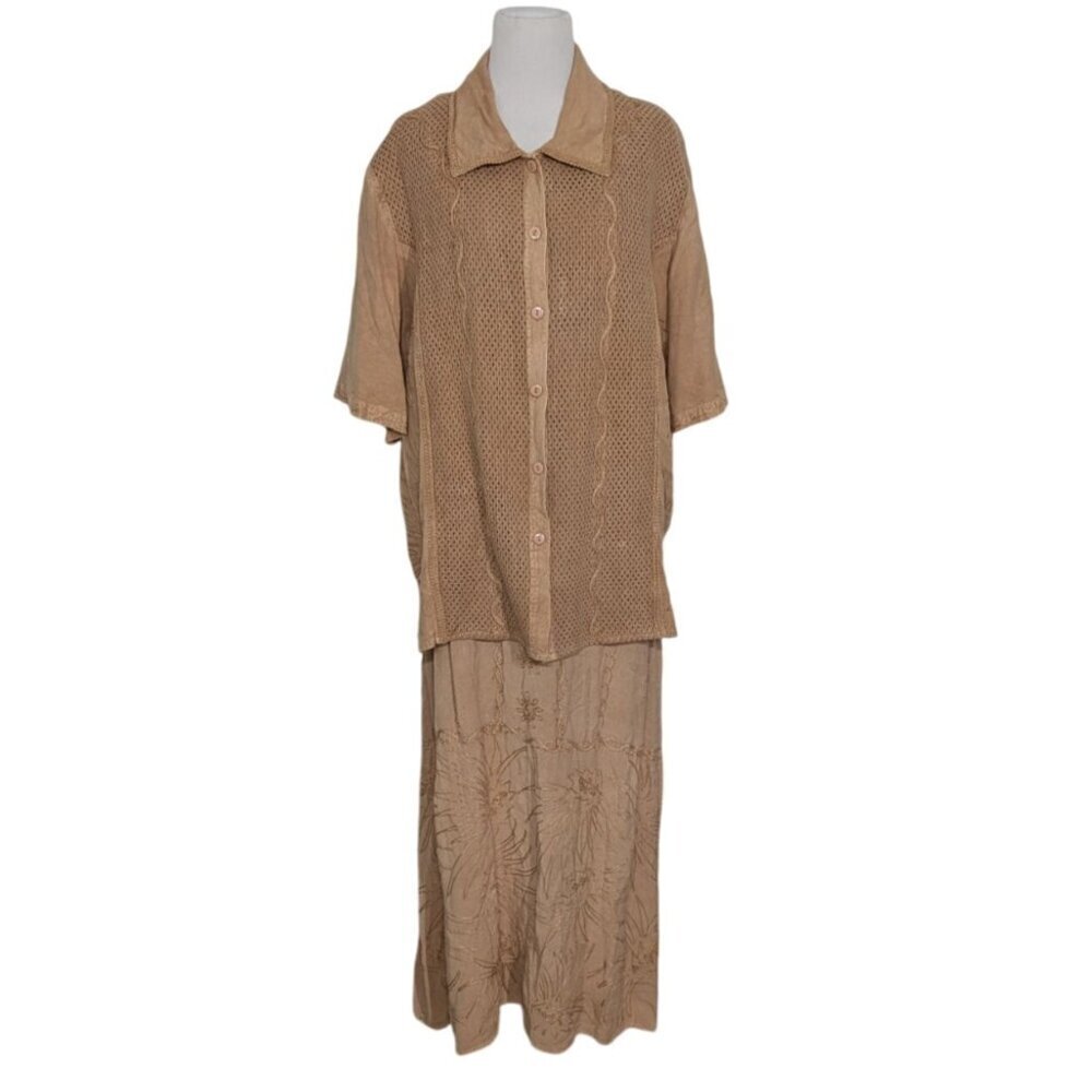 Bila Embroidered Maxi Dress Womens Size 1X Beige 2 Piece Jacket Pullover Dress